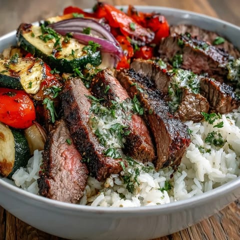 Tender grilled steak bowl with zesty chimichurri sauce and roasted veggies, served hot over steaming white rice for a weeknight family meal.
