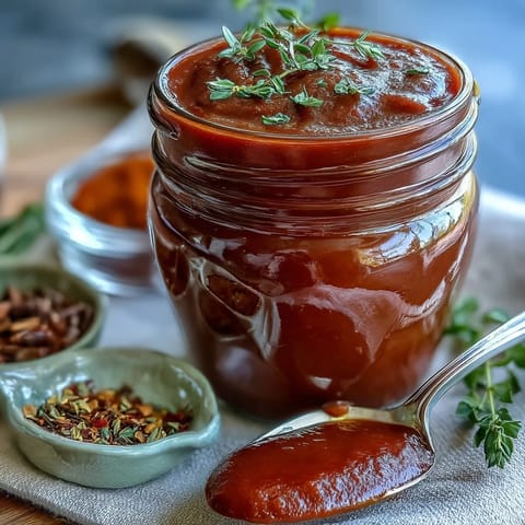 A close-up of homemade Guava BBQ Sauce From Scratch swirled on a spoon over simmering onions and garlic in a saucepan. 