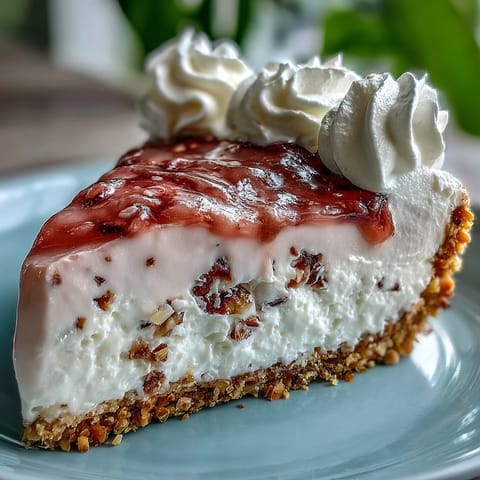 Guava Cloud Pie slice on a white plate, revealing creamy pink filling and crisp macadamia crust, perfect for summer dessert.