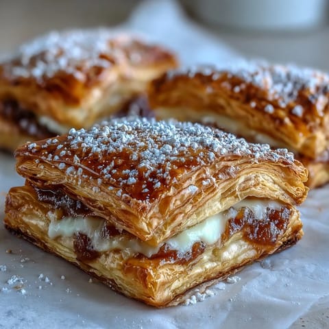 Freshly baked Guava Cheese Pastries cooling on a wire rack, with powdered sugar dusting over the golden, flaky crust.