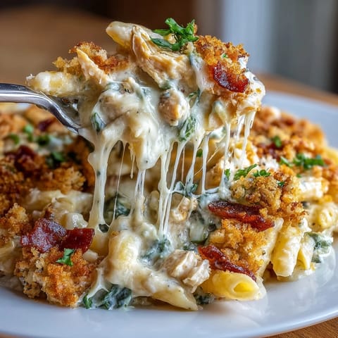 Golden, creamy Creamy Jalapeño Popper Chicken Pasta twirls from a fork with crispy bacon bits and melted cheddar.