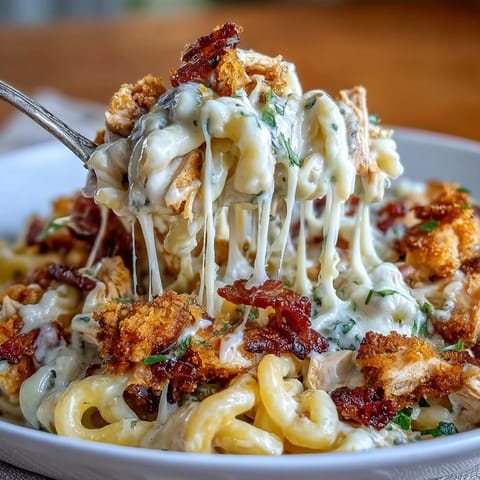 Shredded chicken and penne pasta rest in a luscious cream cheese sauce garnished with fresh jalapeño slices.