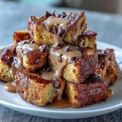 A single serving of High-Protein Peanut Butter & Chocolate Baked French Toast is plated, topped with fresh raspberries and a dollop of yogurt for a healthy brunch.