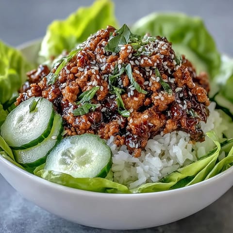 Sesame Turkey Lettuce Wrap Bowls filled with spicy ground turkey, fluffy rice, crisp lettuce, and colorful carrot ribbons.