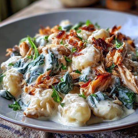 Creamy Spinach & Parmesan Gnocchi with Chicken is plated, featuring golden gnocchi and tender chicken coated in rich sauce.