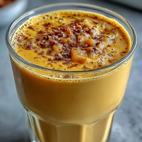 Creamy Vegan Mango Turmeric Golden Milk Smoothie poured into a clear glass with a cinnamon garnish.