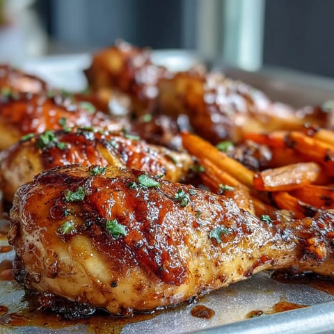 Golden-brown Sheet Pan Honey Garlic Chicken Drumsticks glisten with glaze alongside tender roasted carrots, creating an easy one-pan weeknight meal.