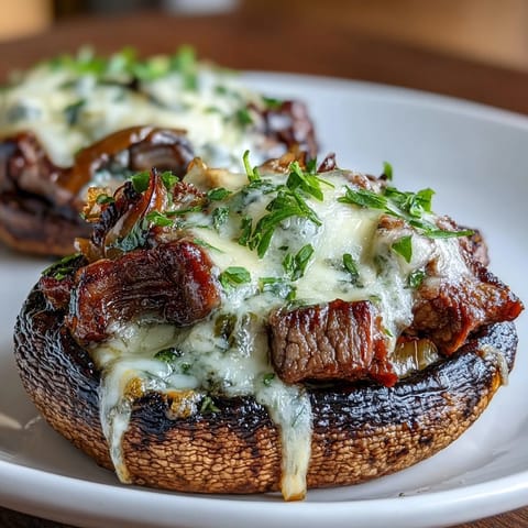 Low-carb Philly cheesesteak stuffed portobello mushrooms bursting with tender ribeye, colorful bell peppers, and gooey melted mozzarella.