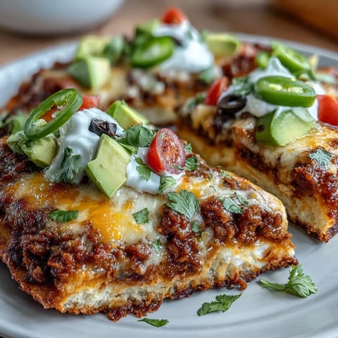 A golden, crispy cheese crust loaded with taco-seasoned beef, fresh veggies, and creamy avocado slices.  