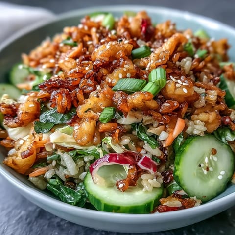 Golden baked jasmine rice clusters tossed with fresh cabbage, cucumber, and bell pepper in nutty sesame dressing.  