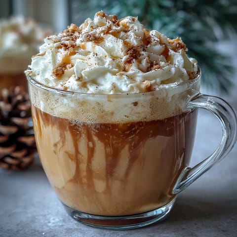 A warm Christmas chai latte with aromatic spices and creamy milk, topped with fluffy spiced whipped cream and a sprinkle of cinnamon.