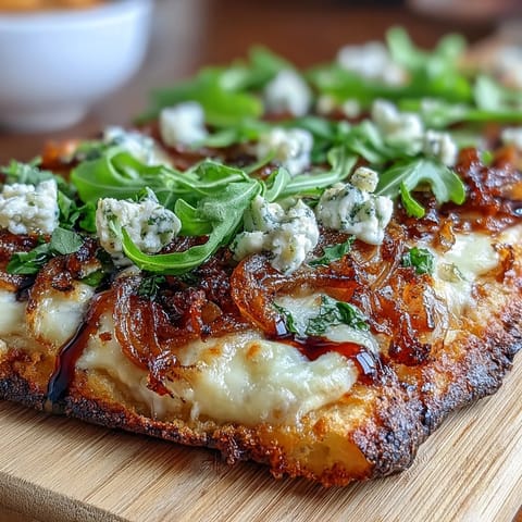 Caramelized onion flatbread pizza with arugula and balsamic glaze, topped with melted cheese and fresh greens for a savory vegetarian meal.