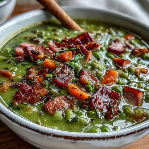 A steaming bowl of Ham and Split Pea Soup with tender carrots and smoky ham, perfect for chilly days.  