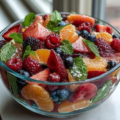 Vibrant citrus and berry medley topped with mint, drizzled with honey-lime dressing for a bright brunch side.  