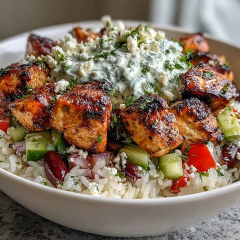 Healthy Greek Chicken Souvlaki Bowls with Tzatziki and Fresh Vegetables - Vibrant Mediterranean bowl featuring tender grilled chicken, diced veggies, Kalamata olives, and rich homemade tzatziki sauce.