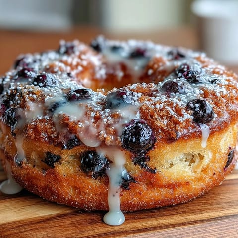 Bright lemon blueberry sourdough donuts baked to golden perfection, topped with tangy lemon glaze and fresh berries.  