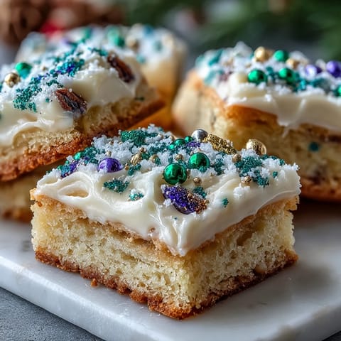 Vibrant King Cake Sugar Cookie Bars with colorful icing and festive sprinkles for Mardi Gras parties.  