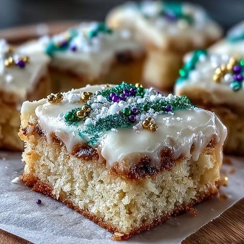 Soft and chewy King Cake Sugar Cookie Bars topped with vanilla glaze and purple, green, and gold sugar.  