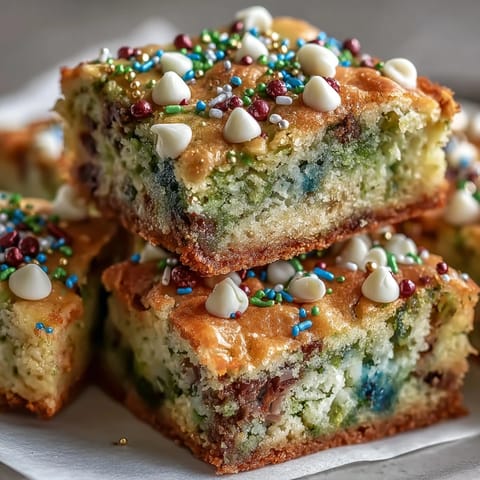 Festive St. Patricks Day rainbow cookie bars with colorful sprinkles and white chocolate chips, perfect for a sweet celebration.
