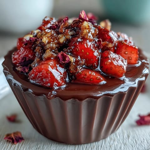 Luxurious Dubai chocolate cups filled with fresh strawberries and fragrant rosewater, topped with crunchy pistachio clusters for a Middle Eastern dessert experience.  