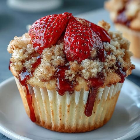 Fresh strawberry muffins topped with golden, buttery crumble for a sweet breakfast treat.  