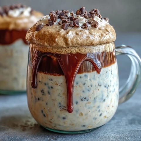 Creamy Vanilla Bean Frappuccino Overnight Oats with coffee and chocolate, layered in a jar for a dreamy breakfast or dessert.