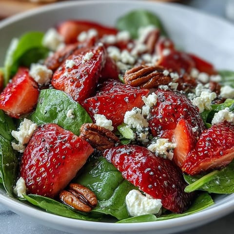 Close-up of vibrant spinach salad with sliced strawberries, red onion, and creamy poppy seed dressing drizzled on top.