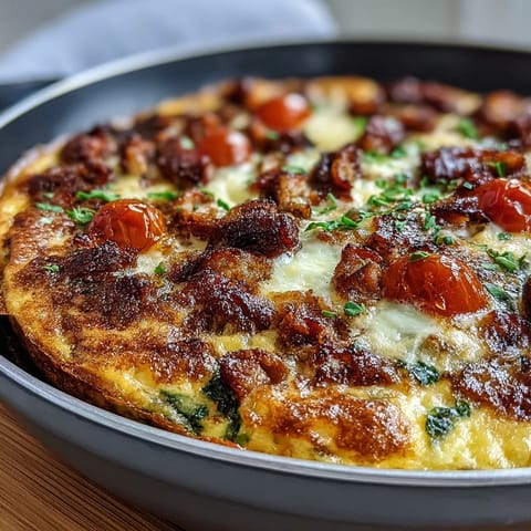 Golden ham and cheese frittata baked with spinach, tomatoes, and fluffy eggs, served in a skillet for a hearty breakfast.
