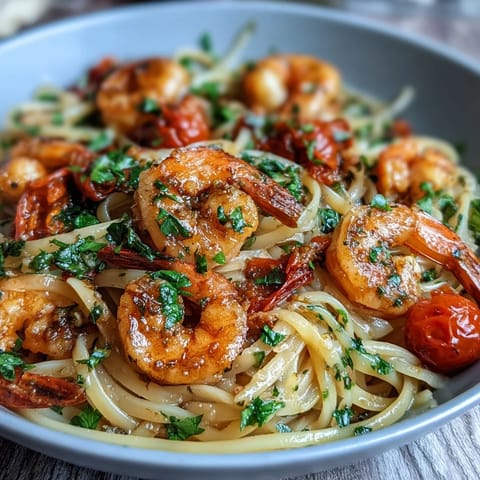 A steaming bowl of one-pot garlic shrimp with angel hair pasta, bursting with fresh vegetables and a zesty lemon aroma.