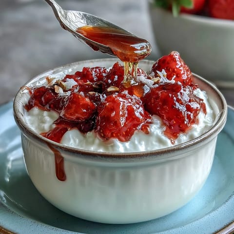Creamy Greek yogurt topped with vibrant fresh strawberry compote, crunchy nuts, and a honey drizzle for a bright breakfast bowl.