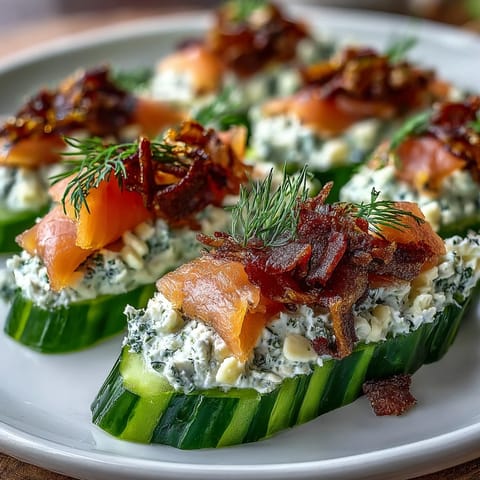 Fresh cucumber rounds topped with smooth cream cheese, smoked salmon, and tangy capers for a delightful, gluten-free appetizer.