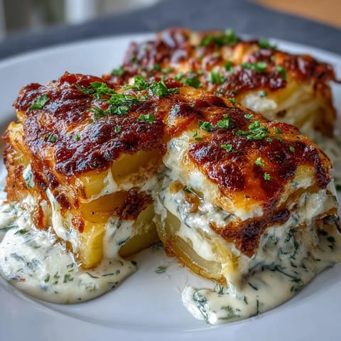 Baked Creamy Au Gratin Potatoes featuring bubbling Gruyère cheese over thinly sliced potatoes in garlic cream.