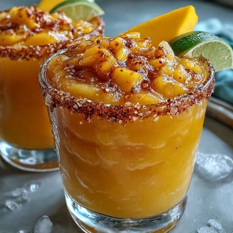 Frozen Mango Margarita Mocktail with salted rim, served in a chilled glass with a lime wedge and fresh mango slice on top.