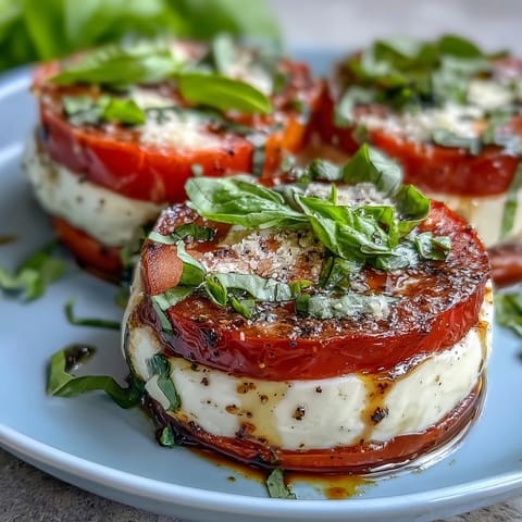Fresh Caprese salad with basil oil drizzle, ripe tomatoes and mozzarella arranged on a platter with whole basil leaves.