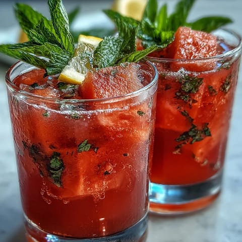 Refreshing glass of watermelon mint lemonade with ice and mint garnish, perfect for summer gatherings.