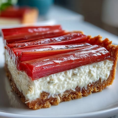 Freshly roasted rhubarb batons are arranged over a creamy white chocolate and elderflower tart, served on a rustic plate.