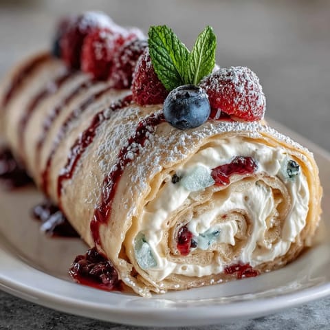 A stunning crepe roll cake with delicate layers of vanilla crepes and fresh berry cream, sliced to reveal beautiful swirls.