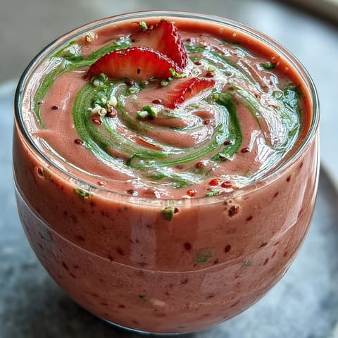 A vibrant strawberry spinach smoothie in a glass, topped with fresh berries and chia seeds.