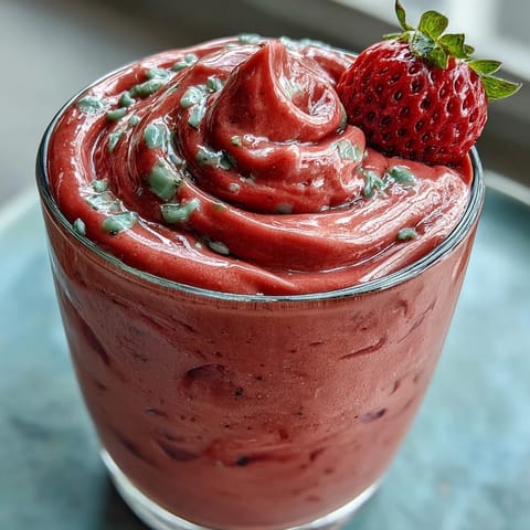 Creamy strawberry spinach smoothie blended with frozen banana and almond milk, perfect for breakfast.