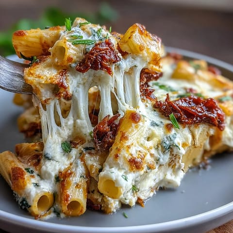 Baked penne pasta with sun-dried tomatoes, spinach, and melty mozzarella cheese, golden and bubbling straight from the oven.