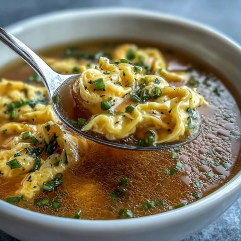 Silky egg ribbons swirl in savory broth, garnished with fresh scallions for a comforting homemade egg drop soup.