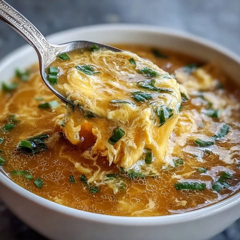 Delicate egg strands float in aromatic chicken broth, a classic homemade egg drop soup perfect for chilly evenings.
