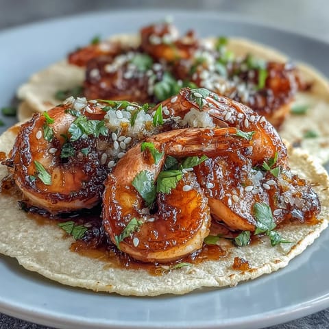 Honey Garlic Shrimp Tacos: Sweet and savory glazed shrimp served in warm tortillas with crisp cabbage slaw and zesty lime crema.
