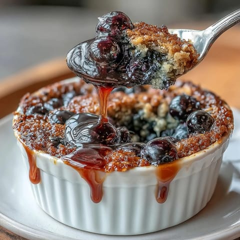 Warm blueberry baked oats with juicy berries and maple syrup, baked golden and bubbling in a ramekin for a cozy breakfast.
