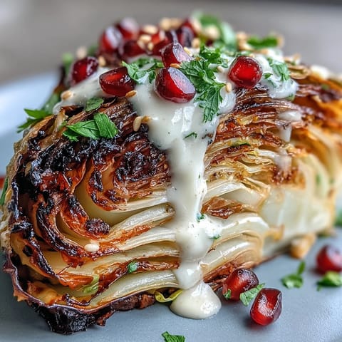 Grilled cabbage wedges drizzled with tahini sauce and topped with fresh parsley and pomegranate seeds, offering a smoky and vibrant vegan side dish.