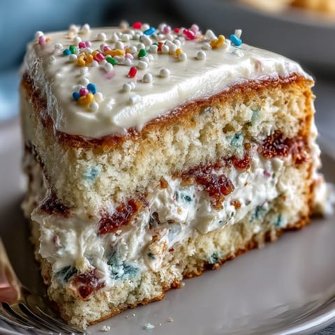 Festive Spring Birthday Party Funfetti Dip Cake bursting with colorful sprinkles.