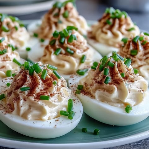 Golden-brown Everything Bagel Deviled Eggs topped with seeds, ready for brunch.