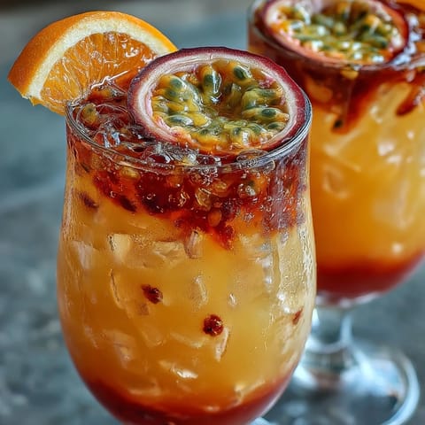 Bright Tropical Sunrise Mocktail with passionfruit and orange, layered beautifully.