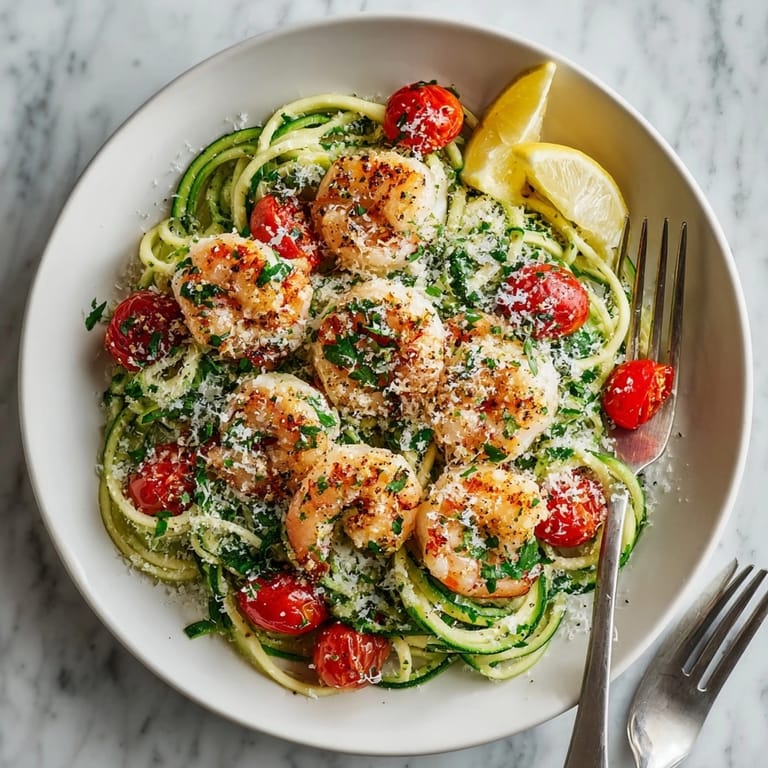 Tender shrimp and zucchini noodles tossed in lemon garlic sauce, served as a vibrant, healthy meal.