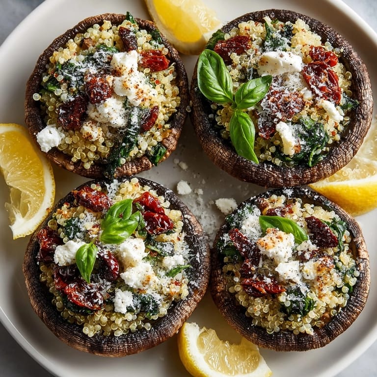 Flavorful Mediterranean Stuffed Portobello Mushrooms bursting with spinach, sun-dried tomatoes, and toasted pine nuts.